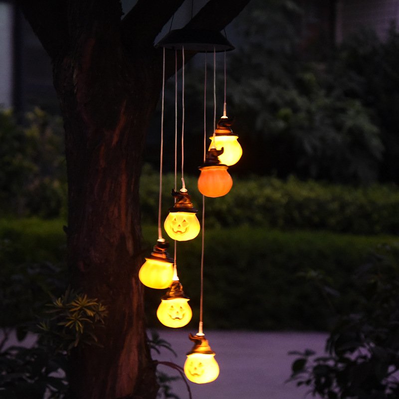 LED Solar Wind Chime Light Halloween Spiral Pumpkin Garden Lamp for Yard 