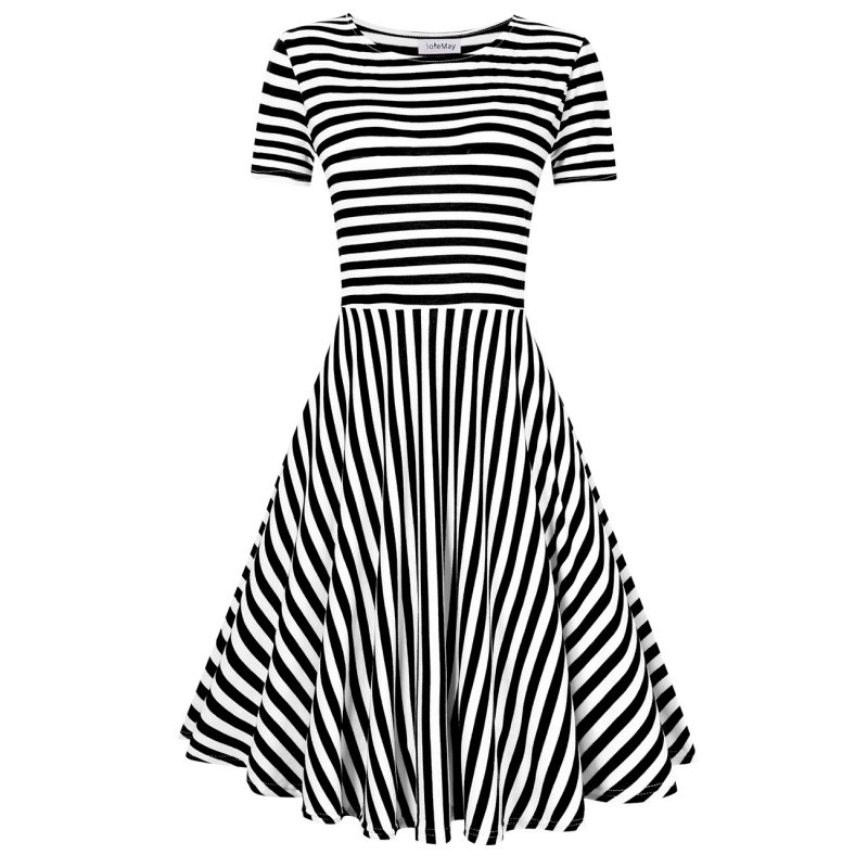 Solemay Women' Stripe Slim Fit O-Neck Short Sleeve Casual Knee-length A-line Dress Black_2XL