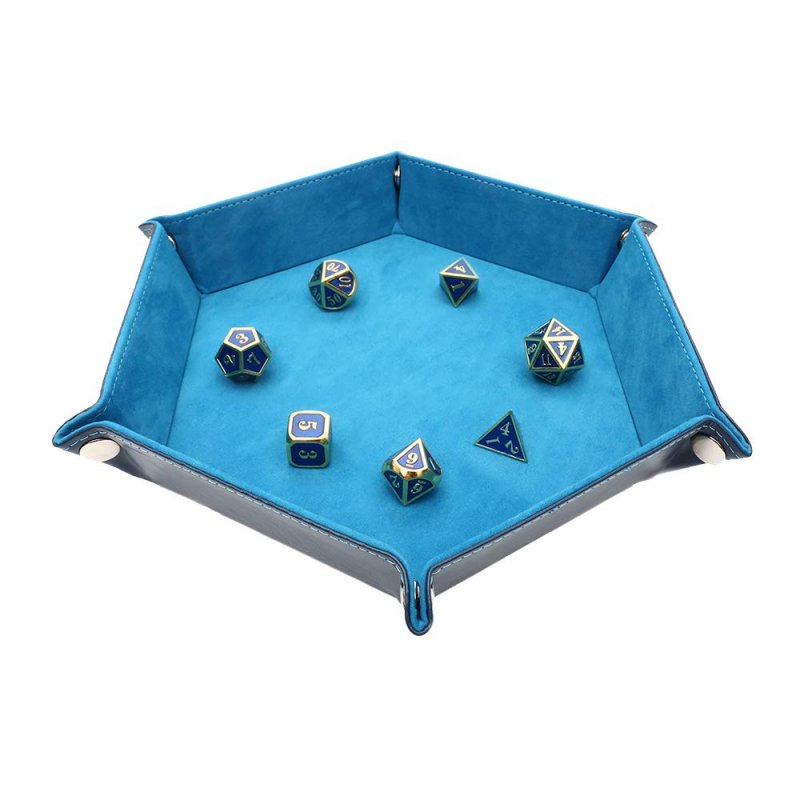 Solid Color Hexagonal Dice Tray Folding PU Storage Box for Table Games  blue_30.8*23*5cm