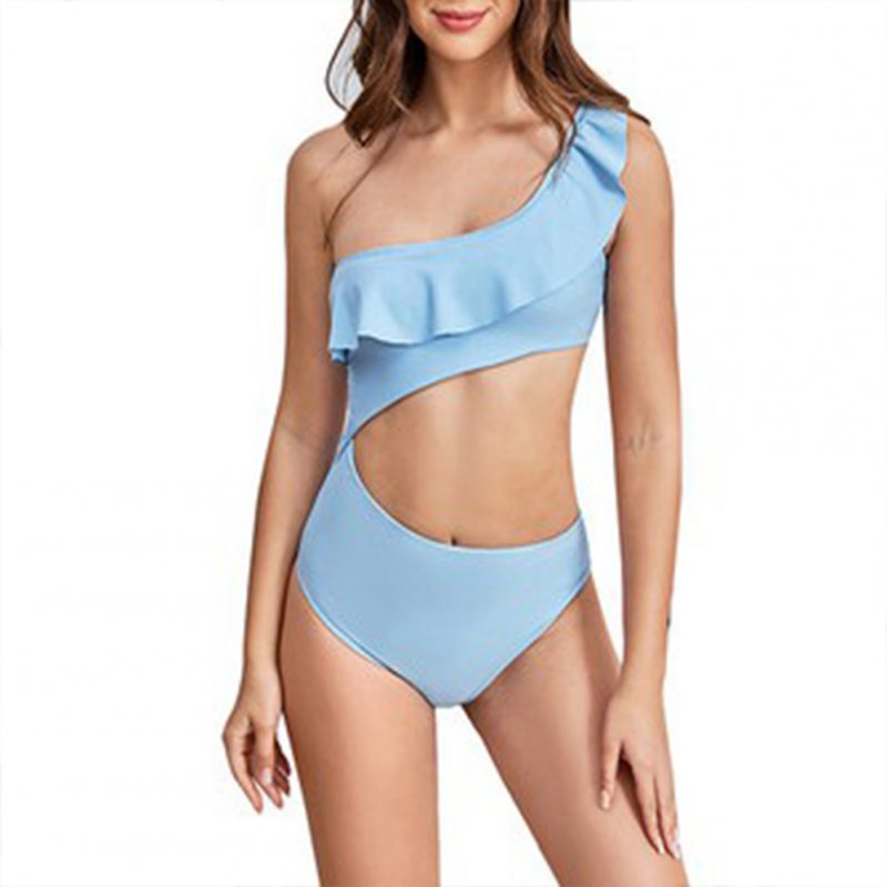 Solid Color One Piece Swimsuit One Shoulder Flounced Women Swimwear Blue_S