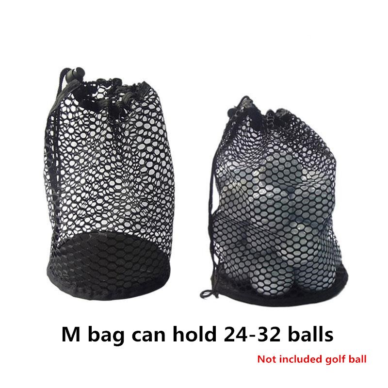 Sports Mesh Net Bag Black Nylon golf bags Golf Tennis 16/32/56 Ball Carrying Drawstring Pouch Storage bag Medium size can hold 24-32 balls / price does not include balls