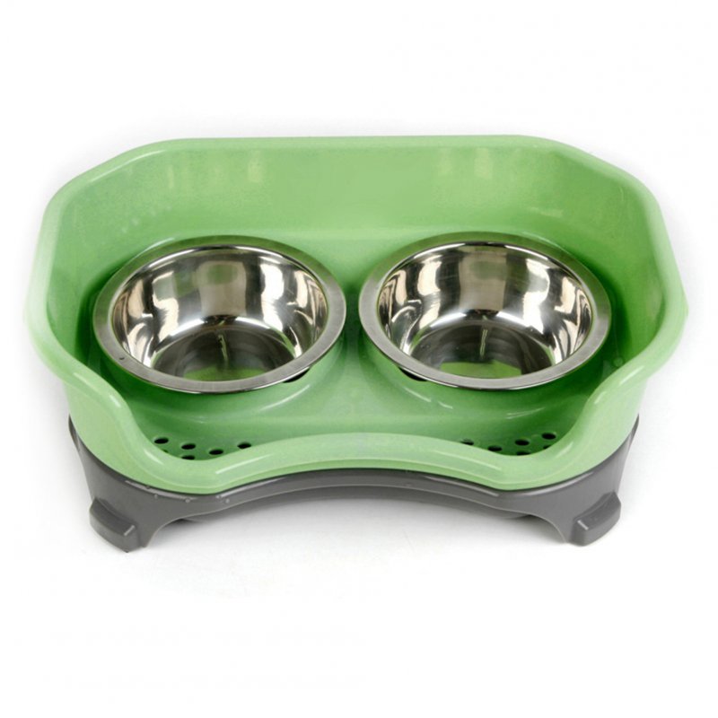 Stainless Steel Double Bowl Baffle Anti-Sliding Dishes for Pet Dog Cat green_32.5 * 22 * 12
