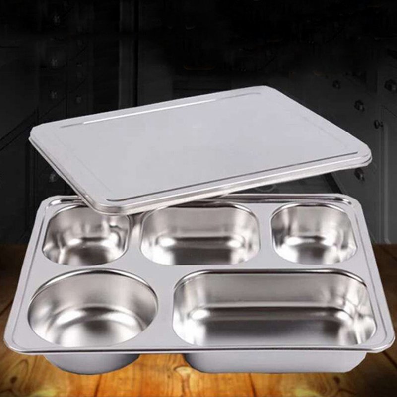 Stainless Steel Lunchbox Divided Lunch Food Container Bento Box Tray with Cover 304 material_5 grid thick section
