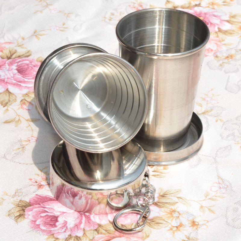 Stainless Steel Portable Camping Folding Collapsible Cup Metal Telescopic Keychain 75ml