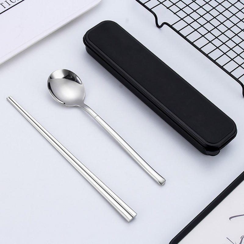 Stainless Steel Portable Cutlery Spoon Chopsticks Travel Camping Dinnerware Bright spoon + chopsticks + box