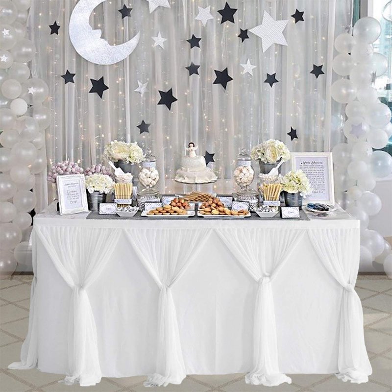 Stripe Style Table Skirt for Round Rectangle Table Baby Showers Birthday Party Wedding Decor white_L6(ft)*H30in