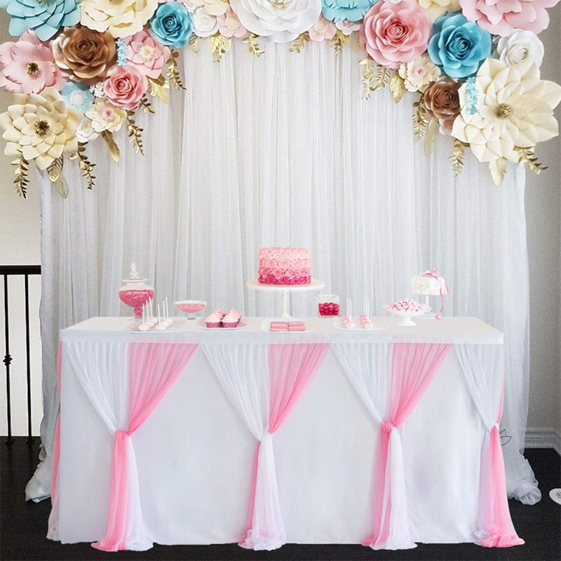 Stripe Style Table Skirt for Round Rectangle Table Baby Showers Birthday Party Wedding Decor White pink_L6(ft)*H30in