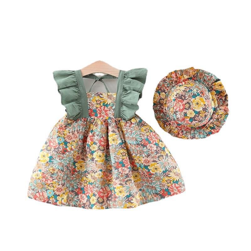 Summer Baby Girls Sling Dress With Hat Cute Floral Printing Pleated Princess Dress For Kids Aged 1-3 green CM:73