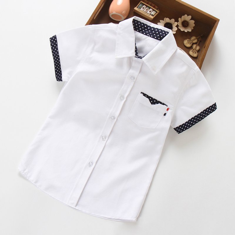 Summer Boys Short Sleeves Shirts Polka Dot Printing Casual Lapel Button Down Cotton Tops Polka Dot Short Sleeve - White HEIGHT:160cm