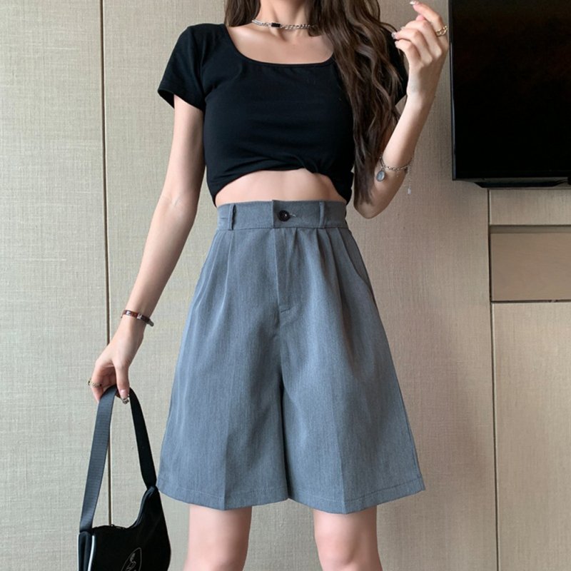 Summer Casual Shorts With Pockets For Women Fashion High Waist Loose Wide-leg Pants grey M