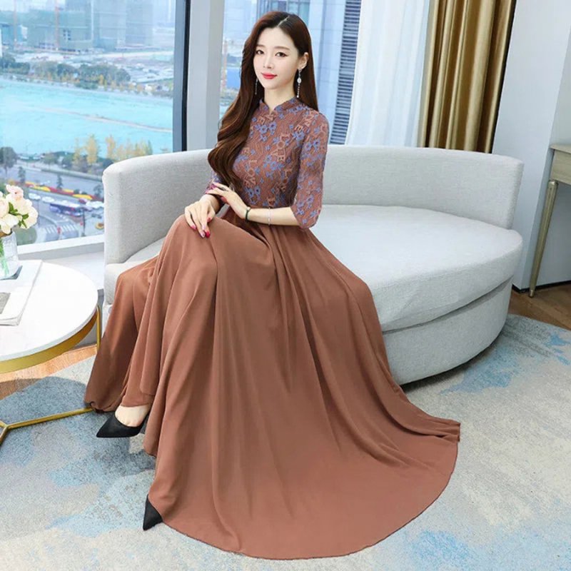 Summer Cheongsam Dress For Women Retro Stand Collar Midi Skirt Large Size Large Swing Dress p02 camel M