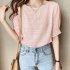 Summer Chiffon Blouse For Women Fashion Simple Solid Color Half Sleeves Tops Sweet Round Neck Loose T shirt Pink XL