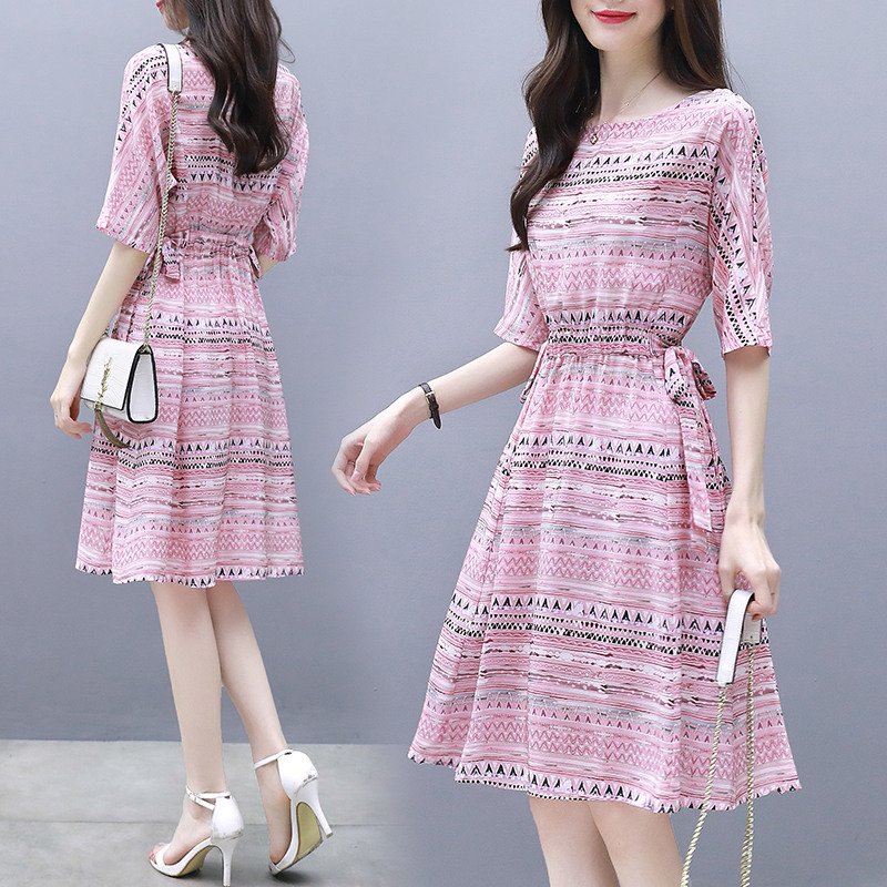 Summer Elegant A-line Ribbon Dress Boat Neck Thin Stripe Half Sleeves Casual Loose Dress Pink_M