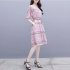 Summer Elegant A line Ribbon Dress Boat Neck Thin Stripe Half Sleeves Casual Loose Dress Pink M