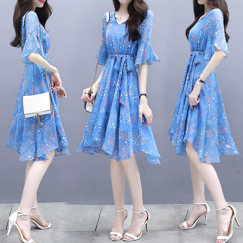 Wholesale Summer Elegant Slim V-neck Dress Floral Dot Short Flare