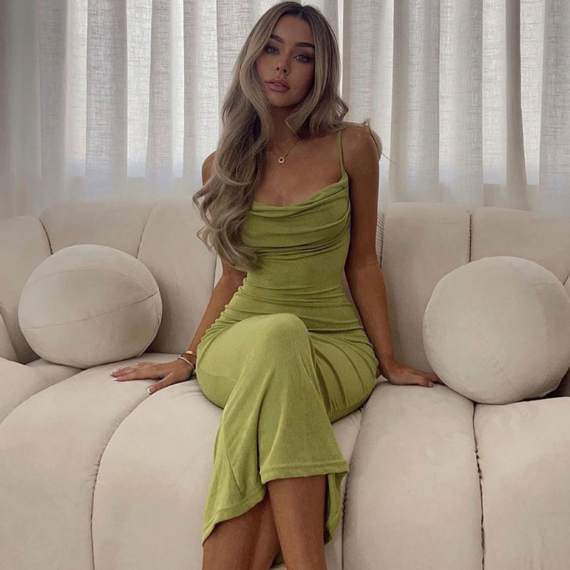 Summer Fashion Sling Dress For Women Solid Color Lace-up Middle Waist Dress Sexy Backless Slim Fit Mid-length Skirt green M