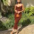 Summer Fashion Sling Dress For Women Solid Color Lace up Middle Waist Dress Sexy Backless Slim Fit Mid length Skirt brown S
