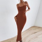 Summer Fashion Sling Dress For Women Solid Color Lace up Middle Waist Dress Sexy Backless Slim Fit Mid length Skirt brown S