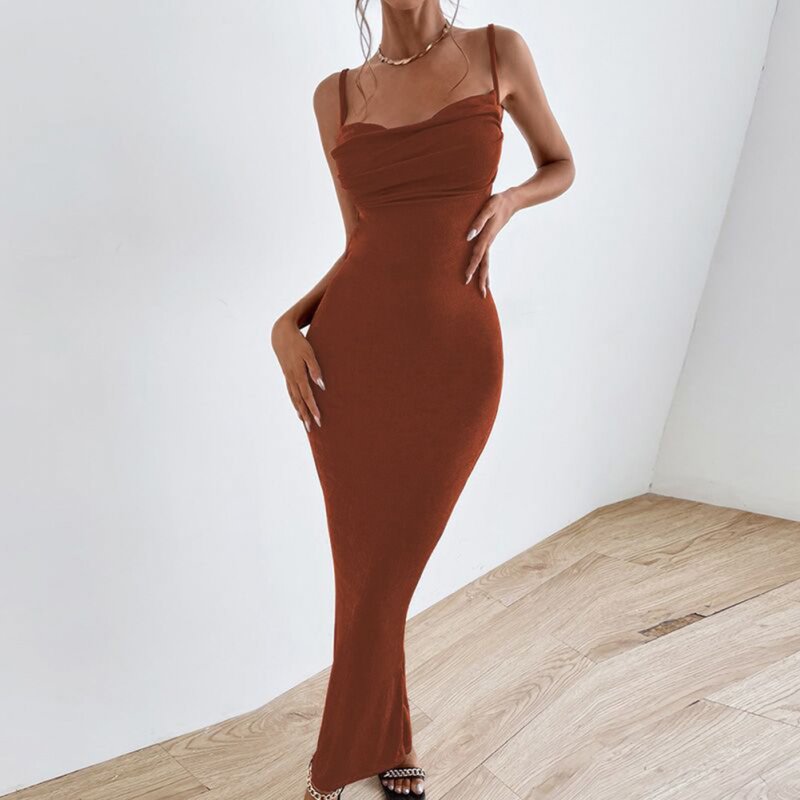 Summer Fashion Sling Dress For Women Solid Color Lace-up Middle Waist Dress Sexy Backless Slim Fit Mid-length Skirt brown S