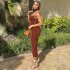 Summer Fashion Sling Dress For Women Solid Color Lace up Middle Waist Dress Sexy Backless Slim Fit Mid length Skirt brown M