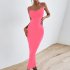 Summer Fashion Sling Dress For Women Solid Color Lace up Middle Waist Dress Sexy Backless Slim Fit Mid length Skirt brown M