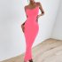 Summer Fashion Sling Dress For Women Solid Color Lace up Middle Waist Dress Sexy Backless Slim Fit Mid length Skirt pink L