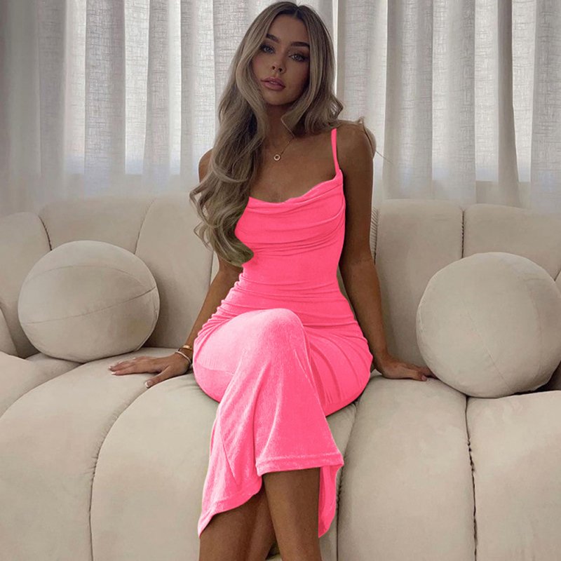 Summer Fashion Sling Dress For Women Solid Color Lace-up Middle Waist Dress Sexy Backless Slim Fit Mid-length Skirt pink L
