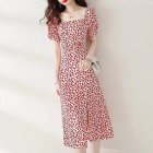 Summer Fashion Square Collar Dress For Women Short Sleeves A-line Skirt Sweet High Waist Printing Dress red M