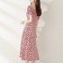 Summer Fashion Square Collar Dress For Women Short Sleeves A line Skirt Sweet High Waist Printing Dress red XL