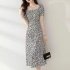 Summer Fashion Square Collar Dress For Women Short Sleeves A line Skirt Sweet High Waist Printing Dress red XL
