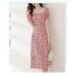 Summer Fashion Square Collar Dress For Women Short Sleeves A line Skirt Sweet High Waist Printing Dress red XL