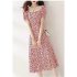 Summer Fashion Square Collar Dress For Women Short Sleeves A line Skirt Sweet High Waist Printing Dress red XL