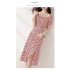 Summer Fashion Square Collar Dress For Women Short Sleeves A line Skirt Sweet High Waist Printing Dress red XL