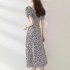 Summer Fashion Square Collar Dress For Women Short Sleeves A line Skirt Sweet High Waist Printing Dress red XL