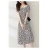 Summer Fashion Square Collar Dress For Women Short Sleeves A line Skirt Sweet High Waist Printing Dress red XL