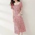 Summer Fashion Square Collar Dress For Women Short Sleeves A line Skirt Sweet High Waist Printing Dress red XL