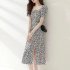 Summer Fashion Square Collar Dress For Women Short Sleeves A line Skirt Sweet High Waist Printing Dress red XL