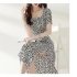 Summer Fashion Square Collar Dress For Women Short Sleeves A line Skirt Sweet High Waist Printing Dress red XL