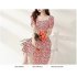 Summer Fashion Square Collar Dress For Women Short Sleeves A line Skirt Sweet High Waist Printing Dress red XL