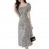 Summer Fashion Square Collar Dress For Women Short Sleeves A line Skirt Sweet High Waist Printing Dress black L