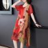 Summer Ice Silk Dress For Women Short Sleeves Retro Elegant Printing Midi Skirt Round Neck Large Size A line Skirt red XL