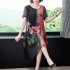 Summer Ice Silk Dress For Women Short Sleeves Retro Elegant Printing Midi Skirt Round Neck Large Size A line Skirt red XL