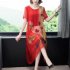 Summer Ice Silk Dress For Women Short Sleeves Retro Elegant Printing Midi Skirt Round Neck Large Size A line Skirt red XL