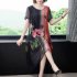 Summer Ice Silk Dress For Women Short Sleeves Retro Elegant Printing Midi Skirt Round Neck Large Size A line Skirt black L