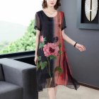 Summer Ice Silk Dress For Women Short Sleeves Retro Elegant Printing Midi Skirt Round Neck Large Size A-line Skirt black L