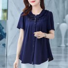 Summer Large Size Blouse For Women Short Sleeves Loose Chiffon Shirt Simple Solid Color Elegant Cardigan Tops blue M