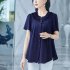 Summer Large Size Blouse For Women Short Sleeves Loose Chiffon Shirt Simple Solid Color Elegant Cardigan Tops blue M
