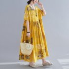 Summer Large Size Loose Cotton Linen Dress For Women Short Sleeves Round Neck Large Swing Long Skirt yellow one size