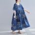 Summer Large Size Loose Cotton Linen Dress For Women Short Sleeves Round Neck Large Swing Long Skirt blue one size