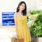 Summer Large Size One-piece Swimwear Women Slim Fit Conservative Belly-covering Solid Color Ruffled Swimsuit 9138 yellow one size